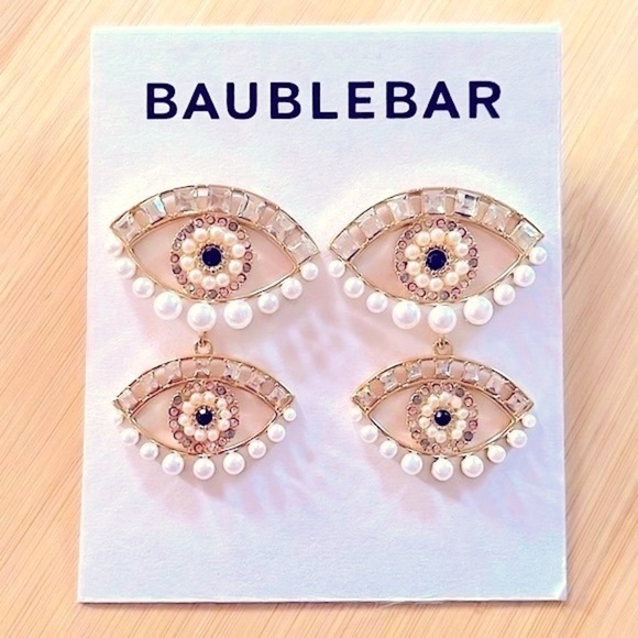 Brand New BaubleBar Evil Eye Beaded Pearl Rhinestone Gold Tone Drop Earrings - Picture 12 of 12